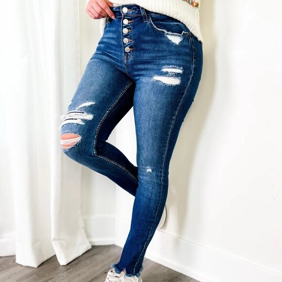 VERVET BLUE 11" rise distressed stretch button front ripped jeans Sz 31 EUC - Picture 2 of 11